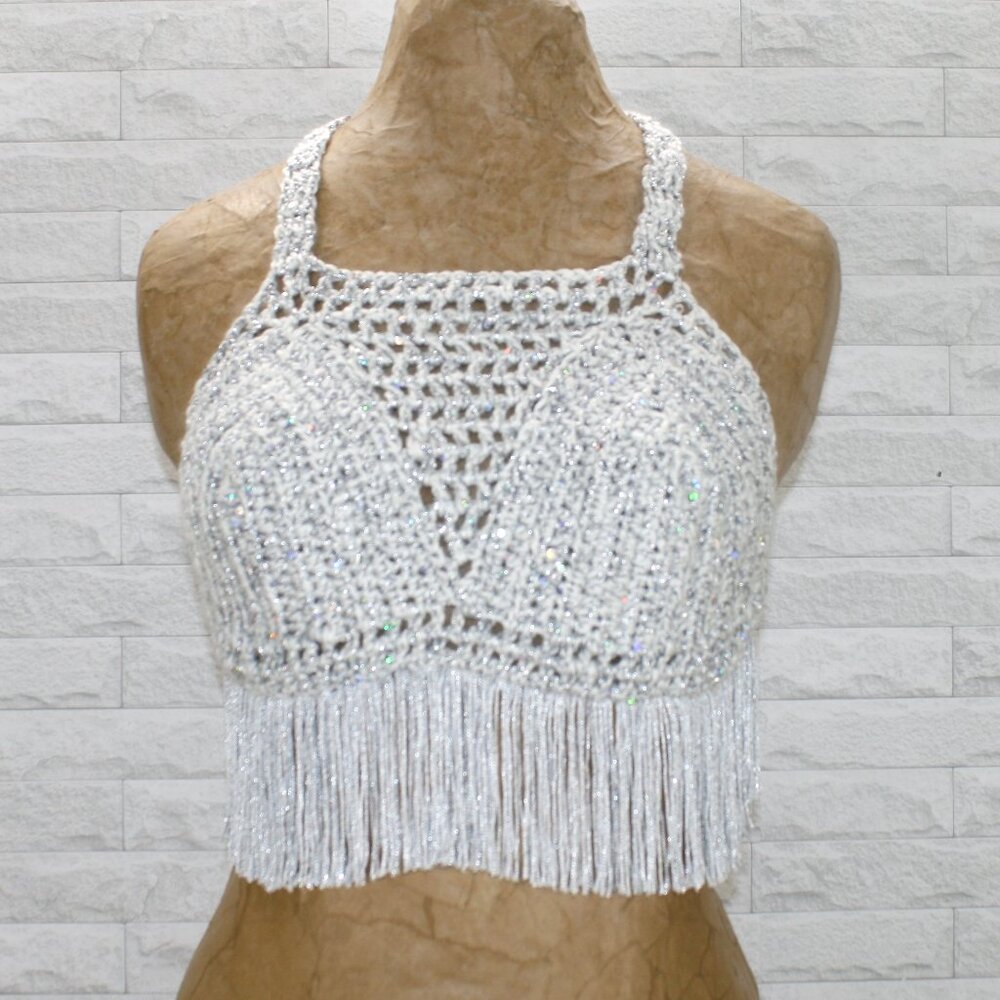 HAND CRAFTED Crop Top Metallic Crochet Fringe Sequin Rave Festival Silver White